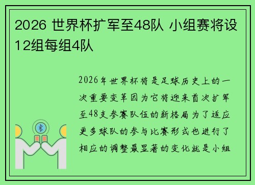2026 世界杯扩军至48队 小组赛将设12组每组4队 2026 世界杯扩军至48队 小组赛将设12组每组4队